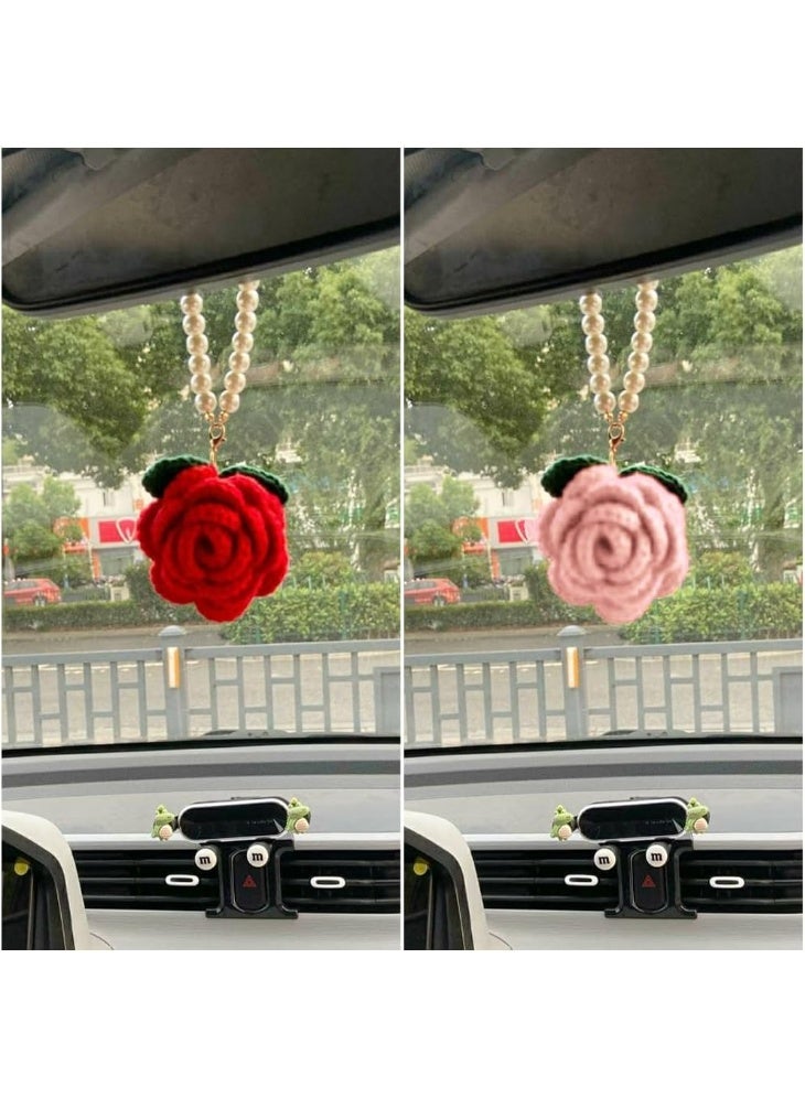 Cute Crochet Rose Keychains Handmade Knitted Flower Keychains With Pearl Chain - Image 5